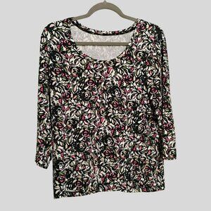 Talbots Womens Floral Print 3/4 Sleeve Top M Petite Ditsy Flowers Abstract Roses